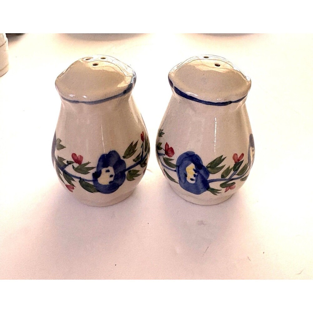 Vintage Hand Painted Ceramic Salt Pepper Shakers Blue Floral Folk Art